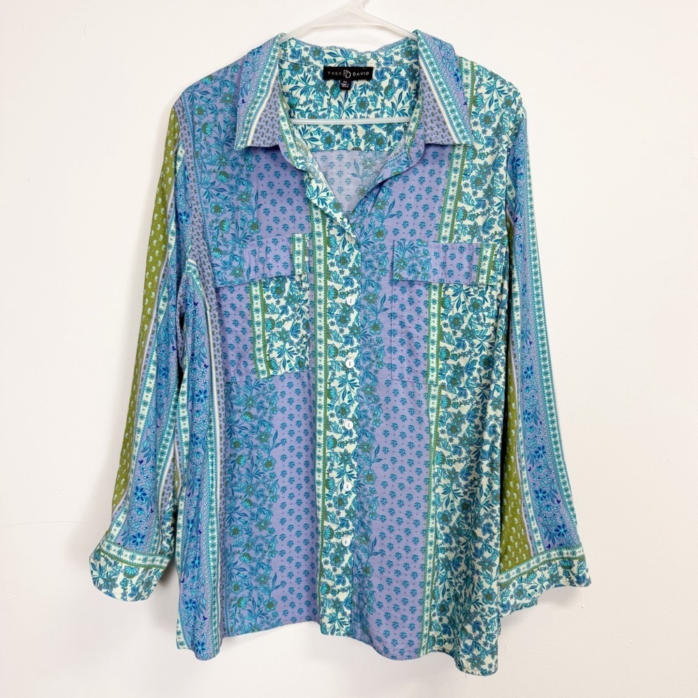 Fred David Button Up Shirt Womens Plus 2X Blue Purple Multi Floral Boho Top